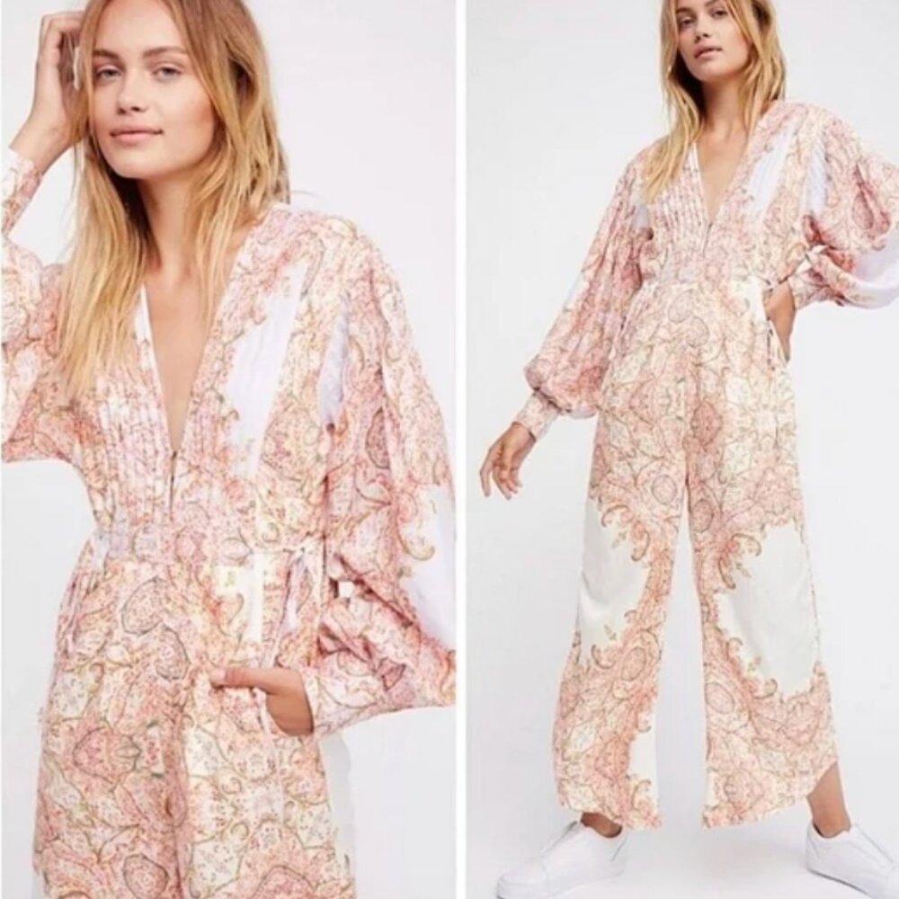 Free People Blooming Fields Boho Pastel Paisley Wide Leg Jumpsuit Size Small